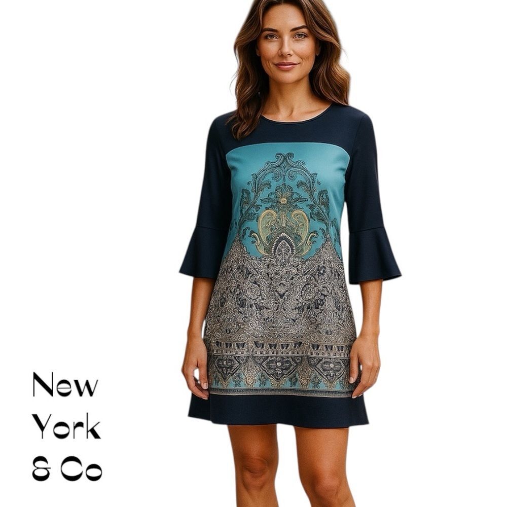 New‎ York & Company Navy Teal Paisley Cottagecore Dress NWOT Size S